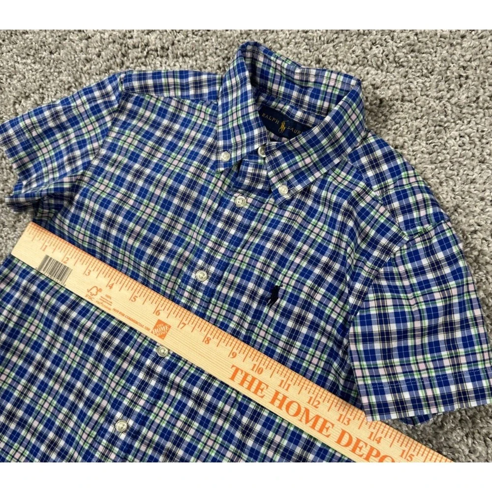 Ralph Lauren‎ Boys Natural Stretch Short Sleeve Button Down Shirt Plaid Pony 6